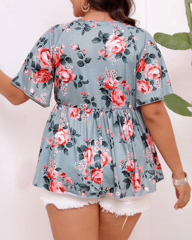 Gibsie plus size floral impressão casual peplum blusa feminina 2025 verão com decote em v manga borboleta boho elástico férias blusas topos