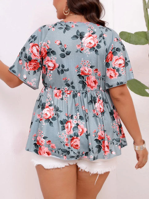 Gibsie plus size floral impressão casual peplum blusa feminina 2025 verão com decote em v manga borboleta boho elástico férias blusas topos