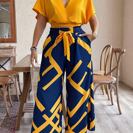 Gibsie conjunto de calças plus size feminino verão com decote em v manga curta colheita topo impresso gravata frente calças largas perna férias conjunto de duas peças