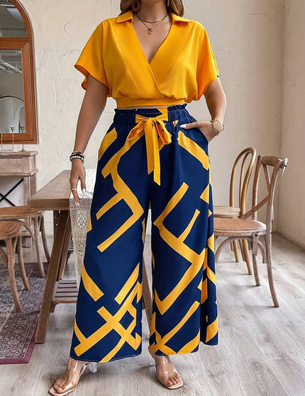 Gibsie conjunto de calças plus size feminino verão com decote em v manga curta colheita topo impresso gravata frente calças largas perna férias conjunto de duas peças