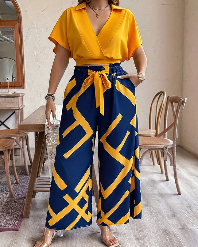 Gibsie conjunto de calças plus size feminino verão com decote em v manga curta colheita topo impresso gravata frente calças largas perna férias conjunto de duas peças