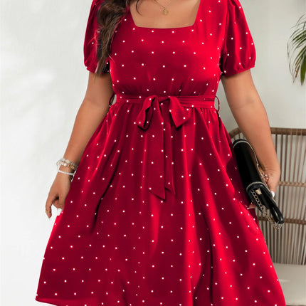 Gibsie plus size pescoço quadrado bolinhas com cinto vestido feminino elegante retro puff manga cintura alta verão a linha grandes vestidos de balanço