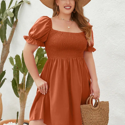 GIBSIE Plus Size Praça Pescoço Shirred Puff Vestido de Manga Mulheres 2023 Verão Cintura Alta Doce Férias Casuais A linha Vestidos Curtos