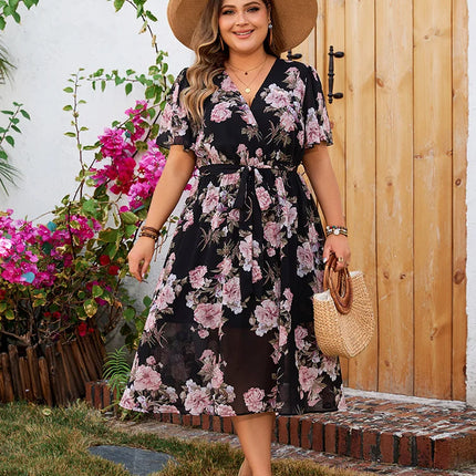 GIBSIE-Vestido feminino com cintos de manga borboleta, plus size, gola sobrepelice, estampa floral, linha A, boho, vestidos longos, férias de verão, novo, 2024
