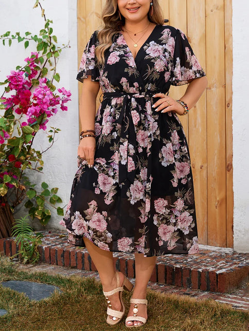 GIBSIE-Vestido feminino com cintos de manga borboleta, plus size, gola sobrepelice, estampa floral, linha A, boho, vestidos longos, férias de verão, novo, 2024