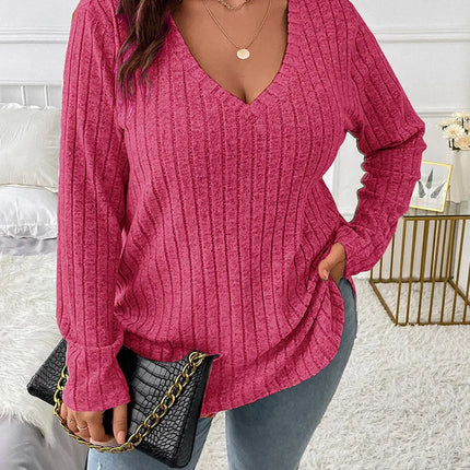 Gibsie plus size feminino casual com decote em v manga longa camisetas camisa 2024 primavera outono moda solta com nervuras malha topos para mulher