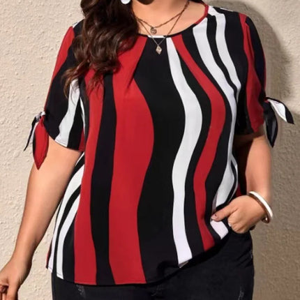 GIBSIE-Blusa feminina listrada de manga curta em o pescoço, tops casuais femininos, roupas soltas, gravata de fenda, plus size, moda coreana, verão, 2024
