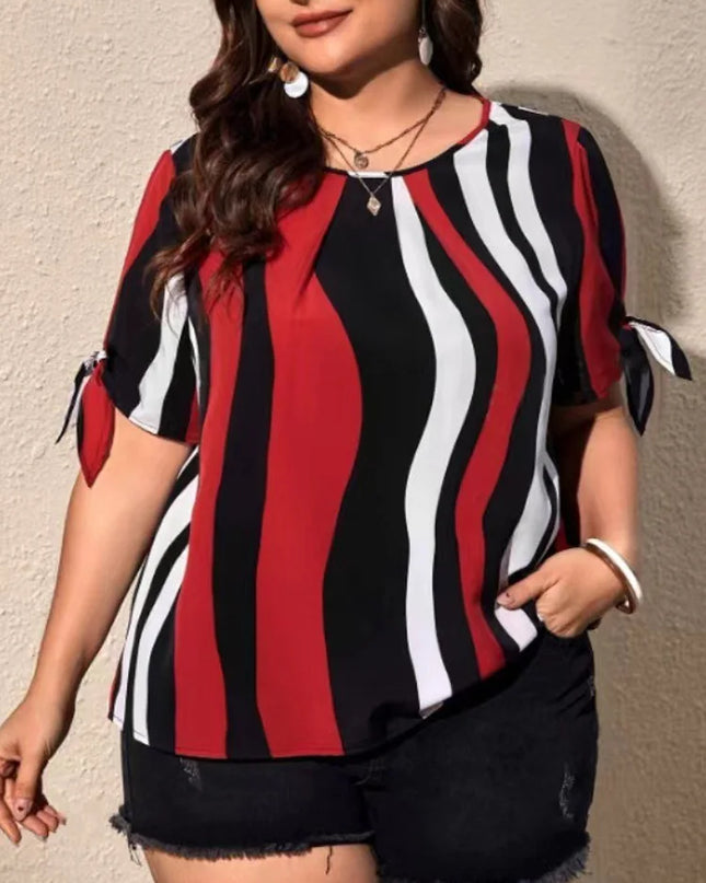 GIBSIE-Blusa feminina listrada de manga curta em o pescoço, tops casuais femininos, roupas soltas, gravata de fenda, plus size, moda coreana, verão, 2024