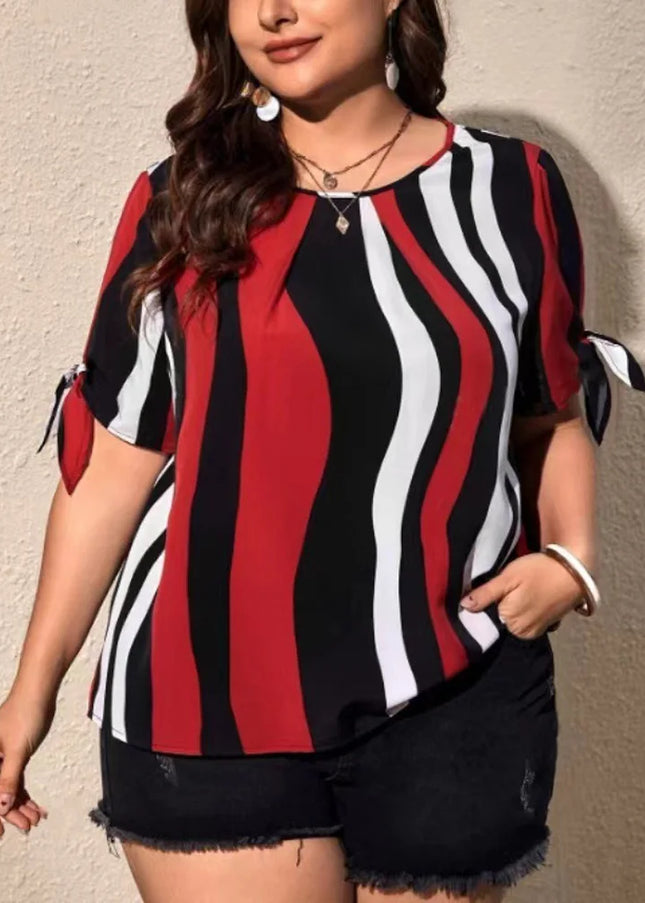GIBSIE-Blusa feminina listrada de manga curta em o pescoço, tops casuais femininos, roupas soltas, gravata de fenda, plus size, moda coreana, verão, 2024