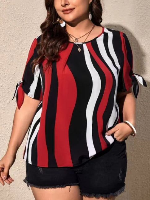 GIBSIE-Blusa feminina listrada de manga curta em o pescoço, tops casuais femininos, roupas soltas, gravata de fenda, plus size, moda coreana, verão, 2024