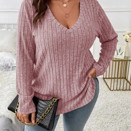 Gibsie plus size feminino casual com decote em v manga longa camisetas camisa 2024 primavera outono moda solta com nervuras malha topos para mulher