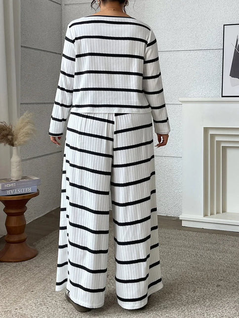 Gibsie plus size 2 peça conjunto feminino 2025 outono listrado com decote em v gravata frente curto topo casual solto calças de perna larga mulher outfit