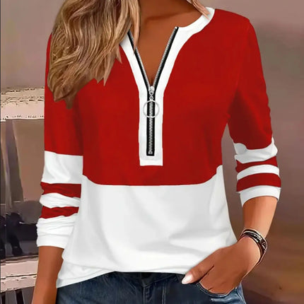 Blusa Feminina Listrada com Decote em V e Zíper
