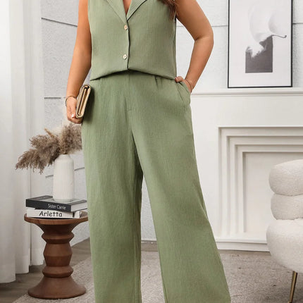 Gibsie plus size conjunto de duas peças para mulheres sólido entalhado pescoço sem mangas colete e calças largas perna 2025 verão escritório senhoras terno