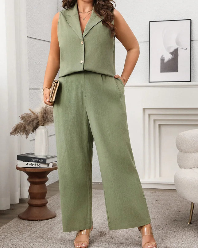 Gibsie plus size conjunto de duas peças para mulheres sólido entalhado pescoço sem mangas colete e calças largas perna 2025 verão escritório senhoras terno