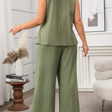 Gibsie plus size conjunto de duas peças para mulheres sólido entalhado pescoço sem mangas colete e calças largas perna 2025 verão escritório senhoras terno