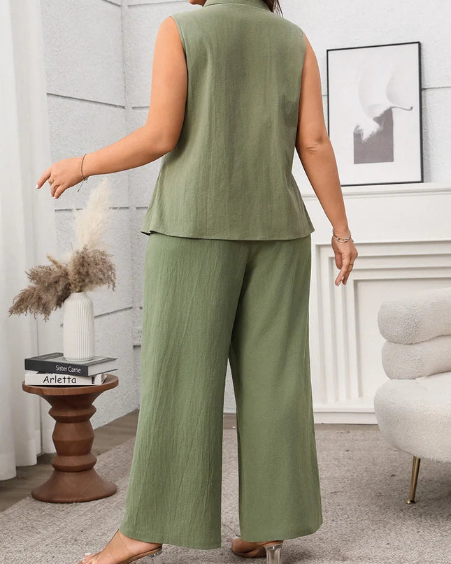 Gibsie plus size conjunto de duas peças para mulheres sólido entalhado pescoço sem mangas colete e calças largas perna 2025 verão escritório senhoras terno