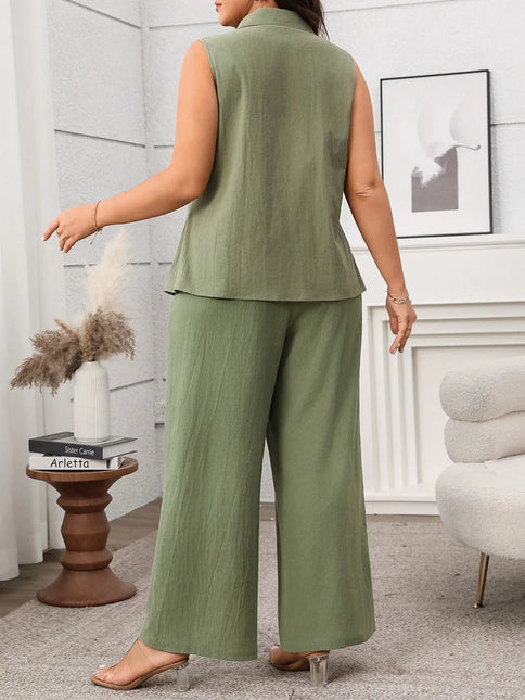 Gibsie plus size conjunto de duas peças para mulheres sólido entalhado pescoço sem mangas colete e calças largas perna 2025 verão escritório senhoras terno