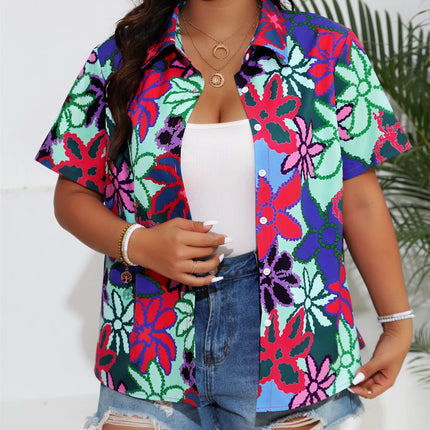 GIBSIE-camisas femininas com estampa boho, manga curta, colarinho com botões, plus size, blusas casuais para férias, verão