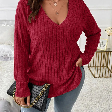 Gibsie plus size feminino casual com decote em v manga longa camisetas camisa 2024 primavera outono moda solta com nervuras malha topos para mulher