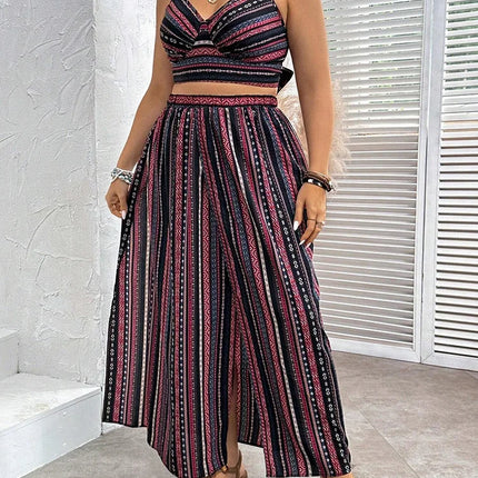 Gibsie plus size sexy sem costas colheita cami topo com alta divisão saia longa conjunto de duas peças feminino férias boêmio impressão mulher outfit