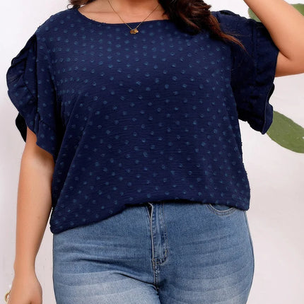 GIBSIE-blusa de manga plissada suíça tamanho grande para mulheres, blusa de verão boho casual sólida, gola redonda, camisa solta de manga curta, tops