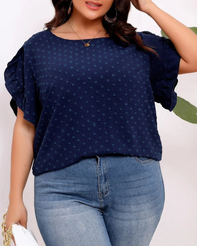 GIBSIE-blusa de manga plissada suíça tamanho grande para mulheres, blusa de verão boho casual sólida, gola redonda, camisa solta de manga curta, tops