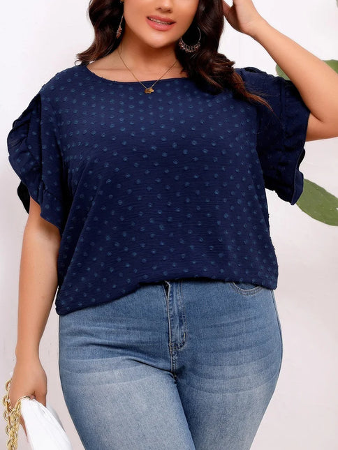 GIBSIE-blusa de manga plissada suíça tamanho grande para mulheres, blusa de verão boho casual sólida, gola redonda, camisa solta de manga curta, tops