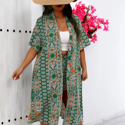 Gibsie plus size verão conjunto de duas peças para mulheres férias longo quimono cardigan com shorts estilo praia boho impressão conjuntos de roupas