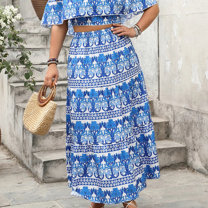 Feminino retro boho padrão azul impressão fora do ombro recortado topo cintura elástica casual a linha saias longas conjuntos de duas peças plus size