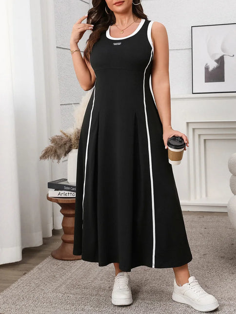 Gibsie plus size feminino contraste o-pescoço sem mangas a linha vestido 2025 nova moda verão rua vestido longo casual maxi vestidos