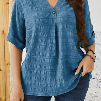 Gibsie plus size sólido botão detalhe notch pescoço blusa feminina moda 2025 novo verão meia manga casual blusas soltas topos