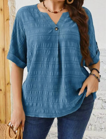 Gibsie plus size sólido botão detalhe notch pescoço blusa feminina moda 2025 novo verão meia manga casual blusas soltas topos