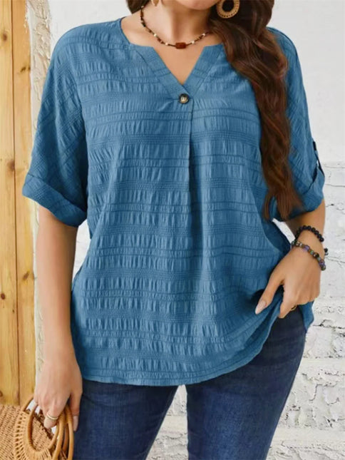 Gibsie plus size sólido botão detalhe notch pescoço blusa feminina moda 2025 novo verão meia manga casual blusas soltas topos