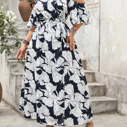Vestido longo feminino plus size moda estampa ombro frio manga curta decote em V vestido dividido alto com cinto