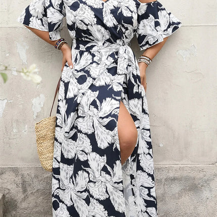 Vestido longo feminino plus size moda estampa ombro frio manga curta decote em V vestido dividido alto com cinto