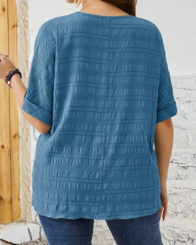 Gibsie plus size sólido botão detalhe notch pescoço blusa feminina moda 2025 novo verão meia manga casual blusas soltas topos
