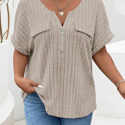 GIBSIE-T-shirt frontal feminina com fecho de correr, gola O, manga curta, tees casuais de malha costela, tops femininos, sólidos, plus size, verão, 2024