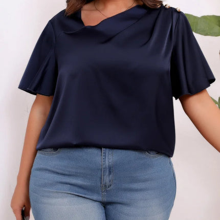 GIBSIE-Blusa Feminina Diagonal Sólida, Tamanhos Grandes, Tops Soltos de Cetim, Manga Curta, Botões, Camisa Casual de Escritório, Feminina, Verão