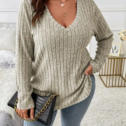 Gibsie plus size feminino casual com decote em v manga longa camisetas camisa 2024 primavera outono moda solta com nervuras malha topos para mulher