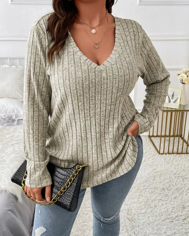 Gibsie plus size feminino casual com decote em v manga longa camisetas camisa 2024 primavera outono moda solta com nervuras malha topos para mulher