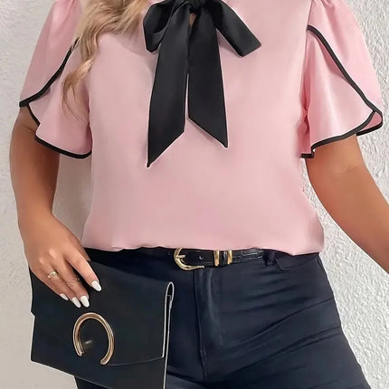 GIBSIE-Blusa feminina com gravata borboleta, camisas de manga curta, tops elegantes, blusa sólida feminina casual, plus size, verão, 2022