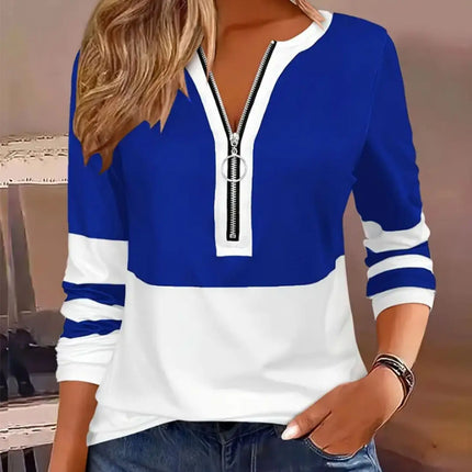 Blusa Feminina Listrada com Decote em V e Zíper