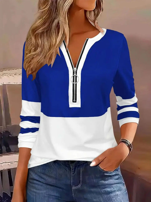 Blusa Feminina Listrada com Decote em V e Zíper