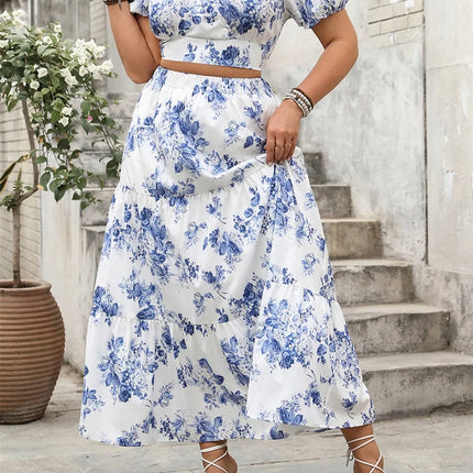 2025 verão das mulheres plus size saias outfits floral impressão com decote em v manga curta topos cintura elástica saias longas roupas 2 peças conjunto