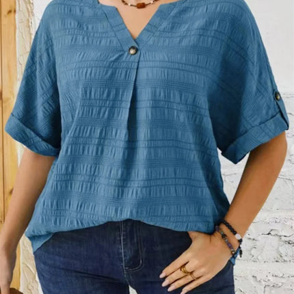 Gibsie plus size sólido botão detalhe notch pescoço blusa feminina moda 2025 novo verão meia manga casual blusas soltas topos