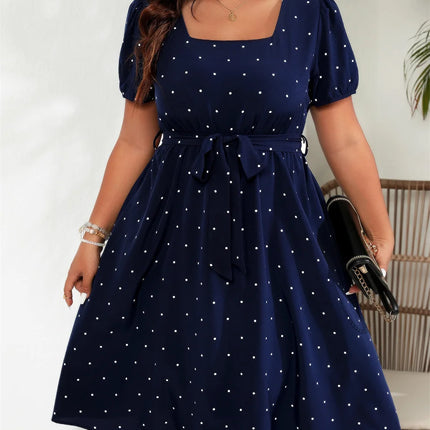 Gibsie plus size pescoço quadrado bolinhas com cinto vestido feminino elegante retro puff manga cintura alta verão a linha grandes vestidos de balanço