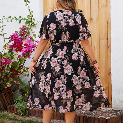GIBSIE-Vestido feminino com cintos de manga borboleta, plus size, gola sobrepelice, estampa floral, linha A, boho, vestidos longos, férias de verão, novo, 2024