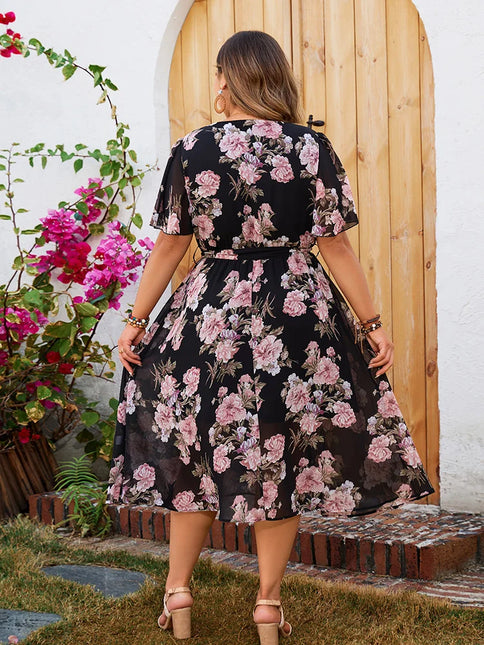 GIBSIE-Vestido feminino com cintos de manga borboleta, plus size, gola sobrepelice, estampa floral, linha A, boho, vestidos longos, férias de verão, novo, 2024