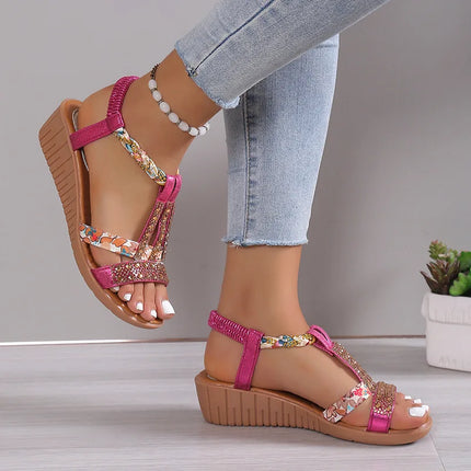 Sandália Feminina de Cunha Boho com Strass – Verão